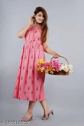 Pink rayon sleeveless anarkali kurti with printed pattern, women's fashion for India