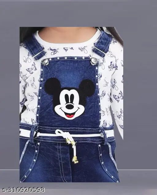Denim dungaree for kid girls, three-quarter sleeves, printed pattern, sizes 12-18 months to 3-4 years, made in India