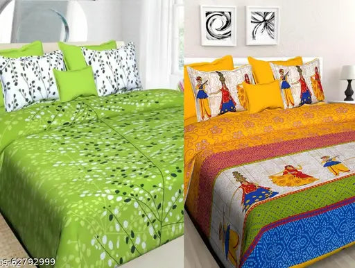 Jaipuri Traditional Sanganeri Print cotton flat sheets, vibrant colors, Indian hand block print design on double queen multipack