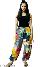 Multi-colored print cotton harem pants for men and women, elastic waist with patchwork design, free size, originates from India