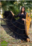 Rinku black georgette gown, three-quarter sleeves, self-design, party wear, heavy, size S (36in bust, 52in length)