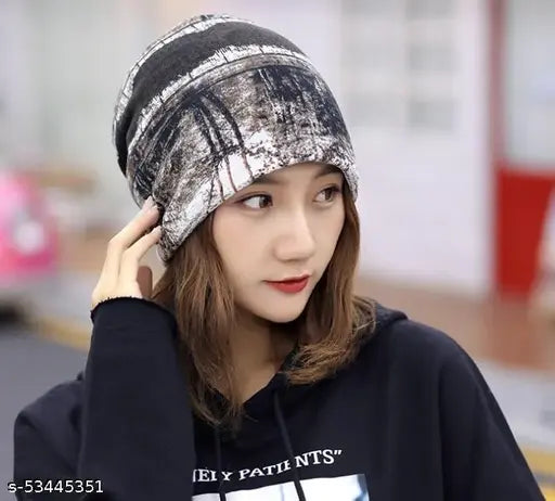 Brown printed skull cap, cozy winter beanie for women, stylish knit hat with ponytail opening, 56-58cm/22"-22.8" size, high quality and brand new