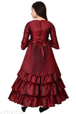 Maroon silk frock dress for girls, embellished net pattern, 3/4 sleeves. Quality clothing for comfort and style #GownDressesForGirls