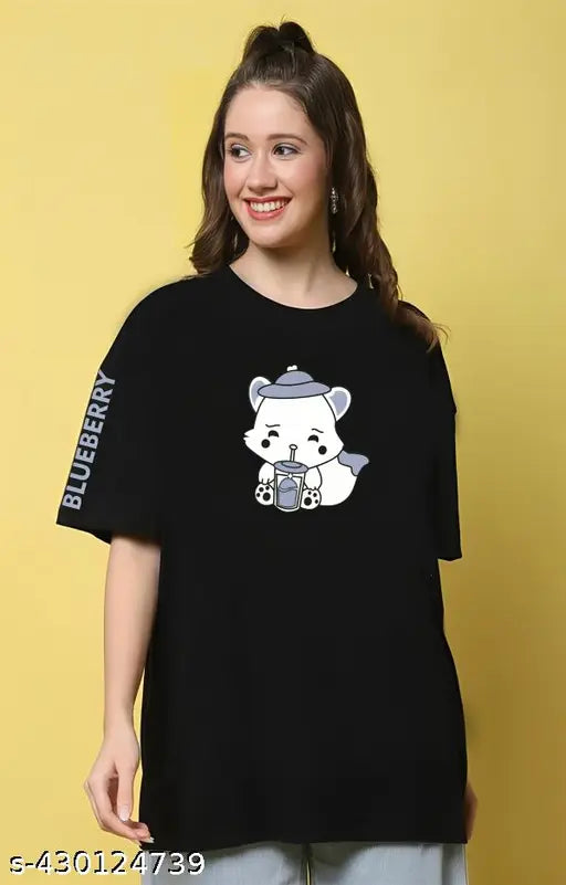 Stylish printed oversized black cotton t-shirt with long sleeves, perfect for women's fashion