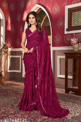 Pink embellished poly-georgette saree with solid border, Indian design, ruffled blouse piece