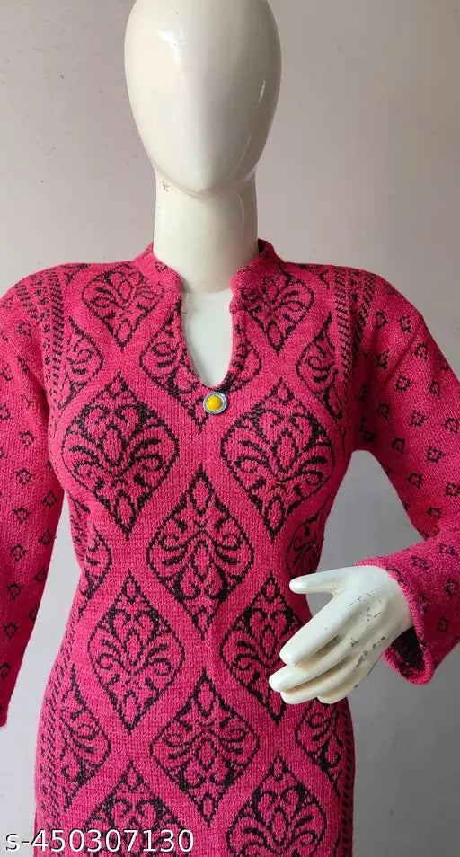 Woolen printed kurti, three-quarter sleeves, very warm and fancy women's kurta from India