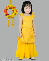Stylish ethnic Georgette Sharara set with embellished sleeveless top, suitable for mehndi functions. Indian handcrafted traditional wear." (120 characters)