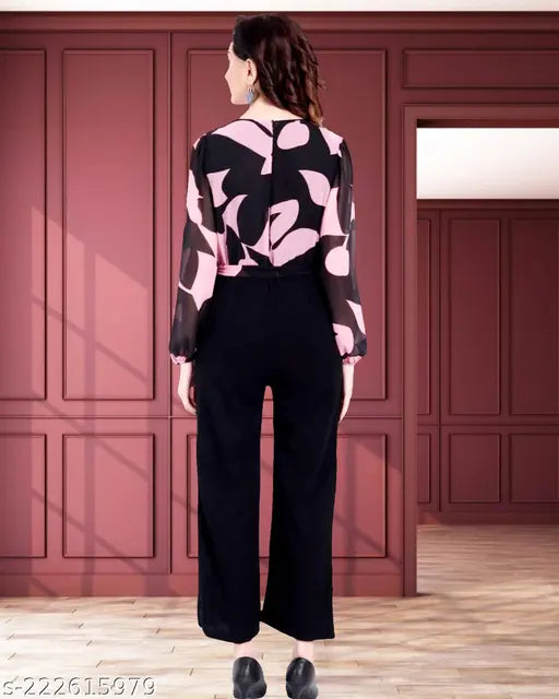 Georgette printed women's jumpsuit, cotton blend fabric, long sleeves, versatile for daily or party wear