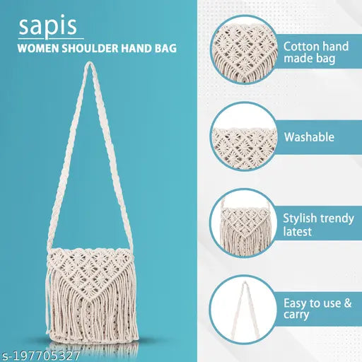 White cotton macrame sling bag for women, handmade self-design net crossbody bag
