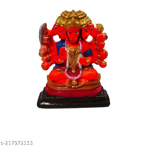 Red resin Hanuman idol sitting, Panchmukhi Hanuman Ji and Bajrangbali Ki Murti, India origin