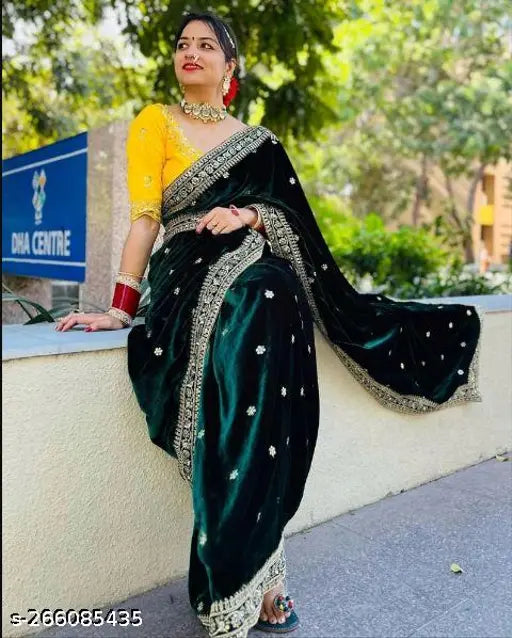 Velvet embroidered saree with separate dupion silk blouse, Bollywood-style traditional wedding reception outfit by Krisha Fashion for women events and parties