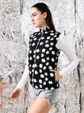 Trendy women's sleeveless winter jacket in printed net fabric, available in sizes S (34in bust, 25in length) and M (36in bust, 25in length). Made in India