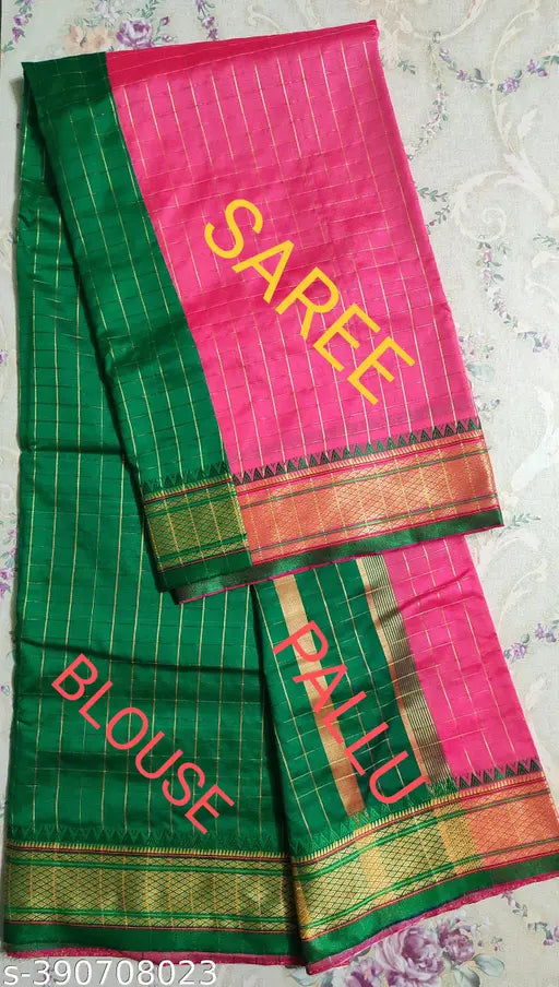 Banarsi Silk Mini Check Paithani Saree with contrast color anchal, soft cotton silk blend fabric, Zari woven net pattern. Handcrafted by skilled weavers in India