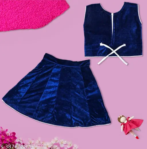 Embroidered velvet lehenga for kids, single piece, 1-2 years. Traditional Indian kid's wear featuring intricate embroidery on velvet fabric