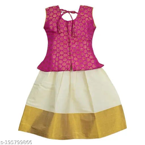 Cotton silk sleeveless kids pattu langa pattu pavadai with solid stitch net, various sizes from 6-8 years, Indian traditional attire for baby girls