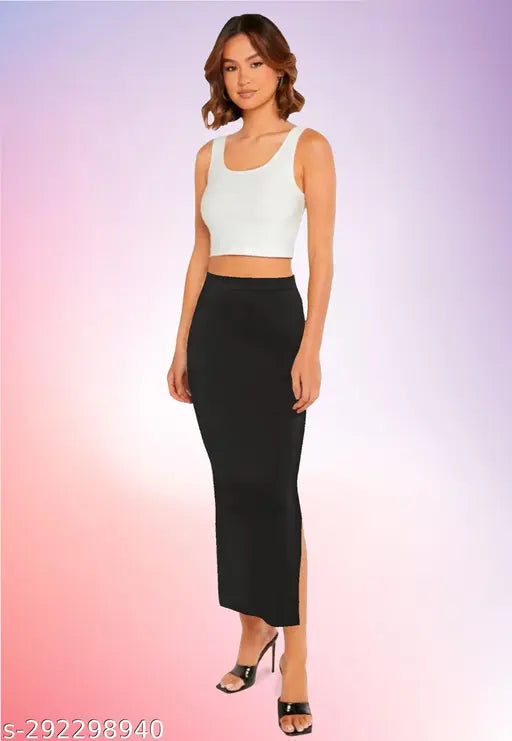 Casual polyester blend high-waist elastic skirt with side slit, solid net, approx. 32.5" inches, ideal for fashionable casual wear
