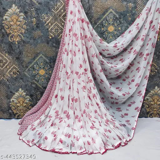 Georgette printed saree in single free size, Indian fashion with solid net blouse