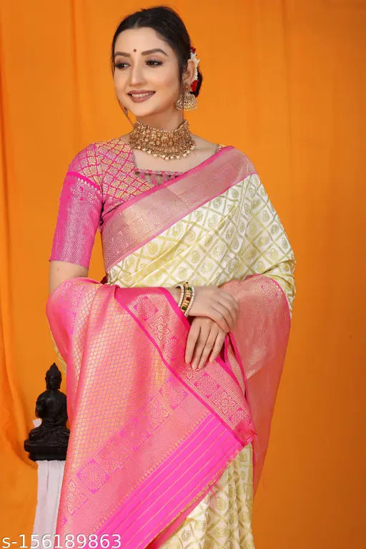 Soft cotton silk saree with zari jacquard work and blouse, Indian designer clothing for women on display