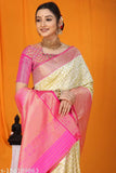 Soft cotton silk saree with zari jacquard work and blouse, Indian designer clothing for women on display