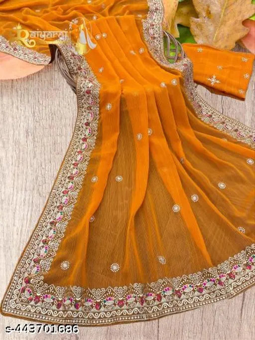 Yellow chiffon saree with heavy thread and zari embroidery work, easy-to-wear free size Indian fashion accessory on display