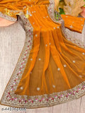 Yellow chiffon saree with heavy thread and zari embroidery work, easy-to-wear free size Indian fashion accessory on display