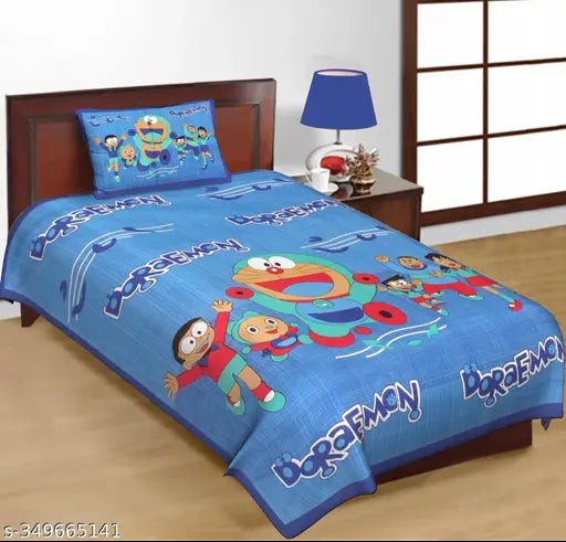 Doraemon printed cotton single bedsheet & pillow cover, fun Mickey Mouse design for kid's summer beds, VNV Creation