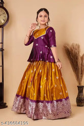 Kids new south Indian traditional pattu pavadai cotton silk lehenga choli, ethnically motifed and zari woven for girls dresses on display