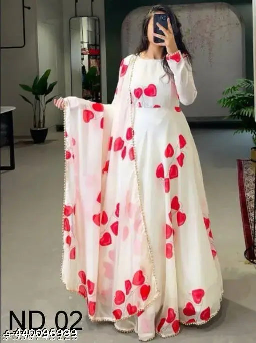 White soft silk anarkali gown with floral print, full sleeve, and matching dupatta. Indian-origin handcrafted silk garment