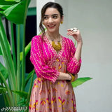 Trendy pink rayon Anarkali kurti, floral printed party wear gown with three-quarter sleeves, perfect for women's ethnic wear