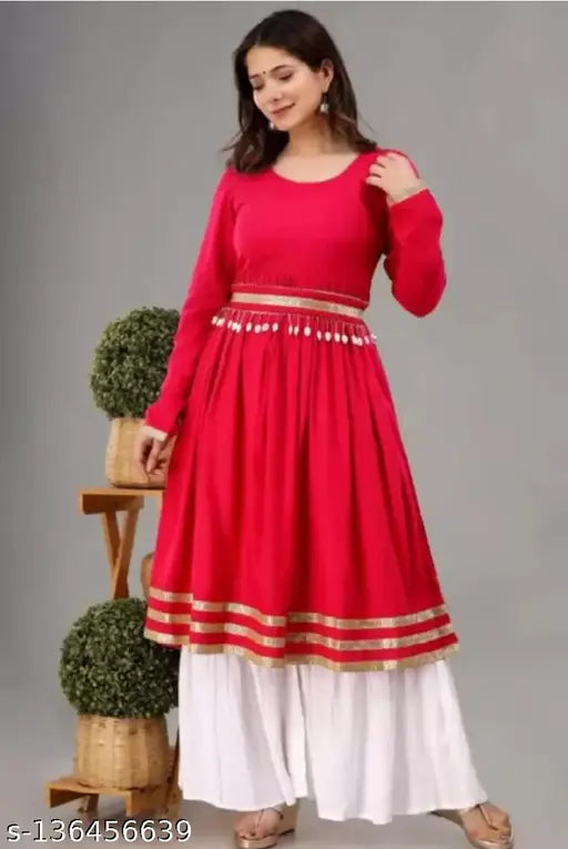 Rayon kurta set for women and girls, solid-colored self-designed Indian outfit with palazzo bottoms, long sleeves