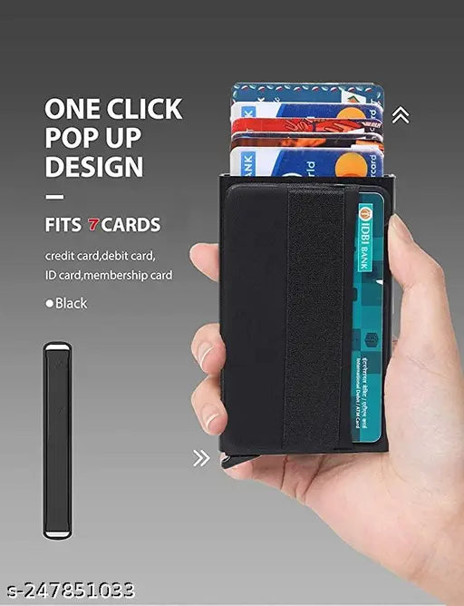 Black aluminum unisex card wallet with printed pattern, features 4 compartments, free size (10cm x 10cm), made in India
