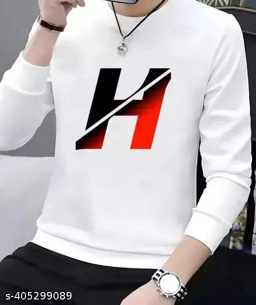 Full H Cut Letter Men's Printed Polyester Long Sleeve T-Shirt, white with black text on chest, men's top wear, size S (36 in)