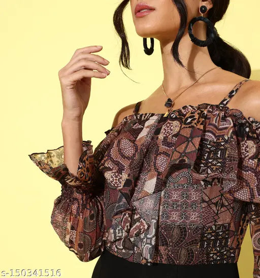 Multicolor animal print polyester off-shoulder jumpsuit, long sleeves, printed net pattern on women's abstract style. Made in India." (118 characters)