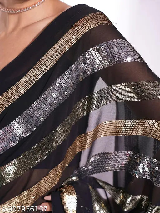 Black Embroidered Handloom Georgette Party Wear Saree with Sequins, art silk blouse included