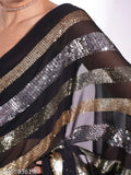 Black Embroidered Handloom Georgette Party Wear Saree with Sequins, art silk blouse included