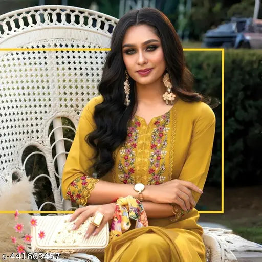 Silk blend ethnic motifs embroidered Anarkali Kurta set with Palazzo and dupatta, features three-quarter sleeves and elasticated waistband. Indian handcrafted silken attire for women, single size