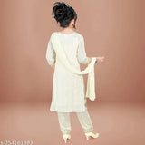 Off-white Chanderi embroidered salwar suit set for girls, featuring striped top with three-quarter sleeves and churidar bottom. Size range from 4-5 years to 15-16 years, originating from India