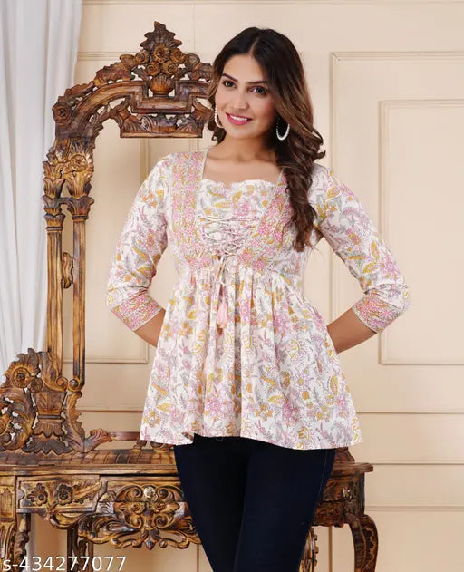 Elegant Floral Print 3/4 Sleeve Cotton Top - Breathable, Square Neck, Regular Fit - Office or Casual Wear