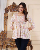 Elegant Floral Print 3/4 Sleeve Cotton Top - Breathable, Square Neck, Regular Fit - Office or Casual Wear
