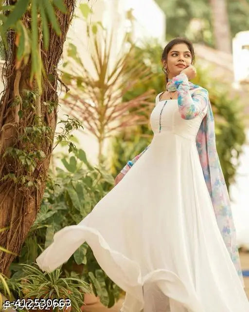 White Georgette long sleeves bridal gown, DH-FLOWER SLEEVS - WHITE-GOWN-01 on mannequin