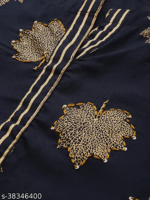 Navy Blue Rayon Foil Printed Kurta & Palazzo Set - Indian fashion, women's straight kurta with palazzos