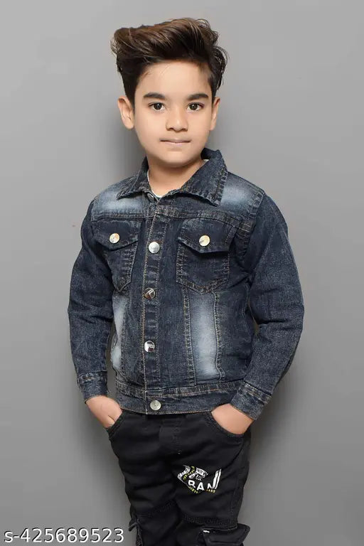Blue denim kids jacket for all seasons, long sleeves, solid pattern, ideal for summer and winter wear