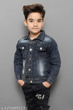 Blue denim kids jacket for all seasons, long sleeves, solid pattern, ideal for summer and winter wear