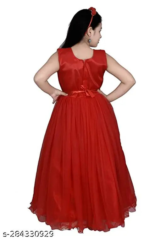 Embellished net sleeveless kids party gown, Indian ethnic style. Net fabric, high low design, suitable for events like Diwali, wedding, festival