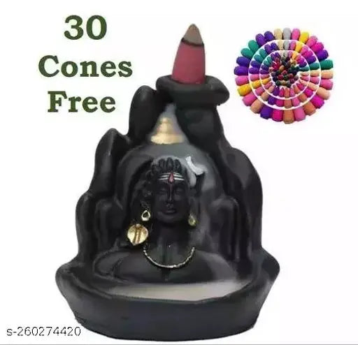 Black and gold-toned Adiyogi Smoke Fountain, handcrafted polyresin Shiva idol with free incense cones (8cm L x 12cm H x 10cm B)