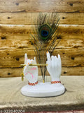 White poly resin Krishna idol with peacock feather and flute for home decor, 6-inch height