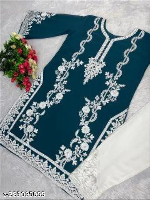 Embroidered Georgette Kurta with Crepe Pants, anokhi rama - intricate Indian embroidery on three-quarter sleeve set