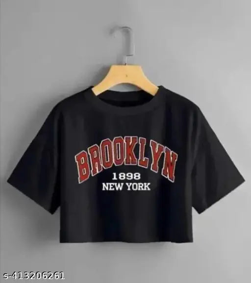Black cotton-blend crop top print Brooklyn, short sleeves, size L