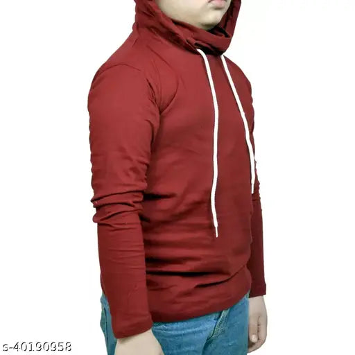 Maroon cotton blend boys' hoodie with mask, long sleeves, solid color, 8-9 years size