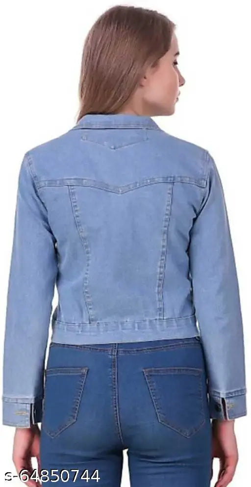 Women's solid blue denim plain jacket, long sleeves, denim fabric, India origin